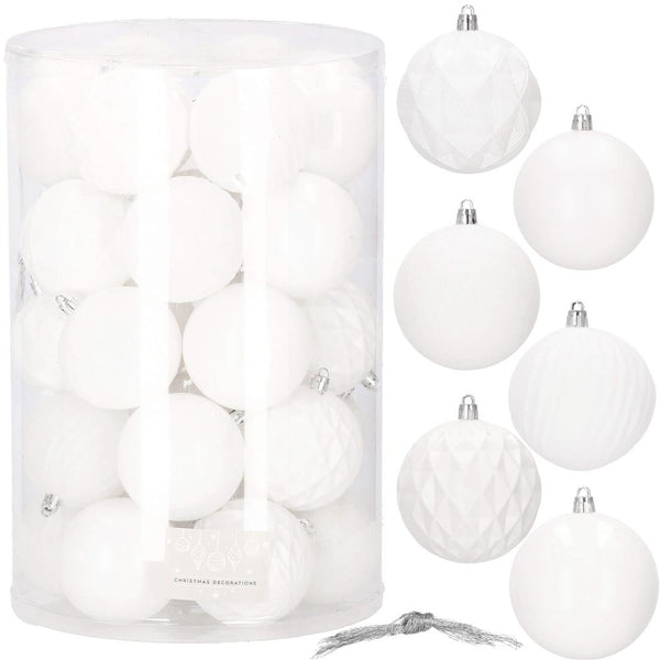 Set globuri de Craciun, 30 bucati, 8cm, 6 modele, alb