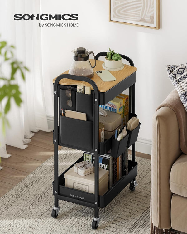 SONGMICS Raft de depozitare mobil tip carucior rulant, pentru baie sau bucatarie, cadru otel cu blat MDF, 31x44x74 cm, negru