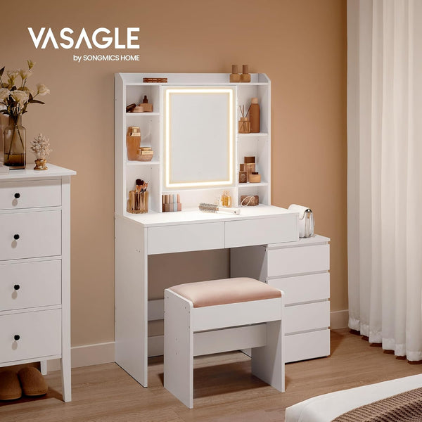 VASAGLE Masa de toaleta cu taburet si oglinda, iluminare LED reglabila, 6 sertare, 98x40x145 cm, alb