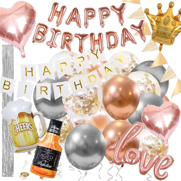 Set 48 baloane si decoratiuni, Happy Birthday, argintiu, roz