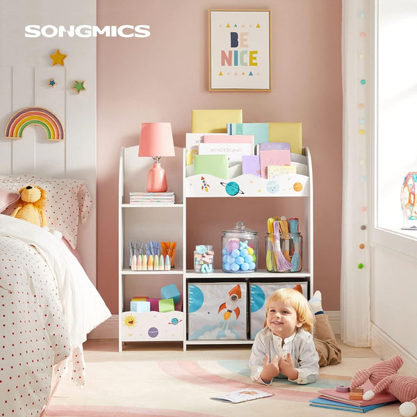 SONGMICS Organizator de jucarii si carti pentru copii, multifunctional cu 2 cutii de depozitare, 93x30x100cm, alb