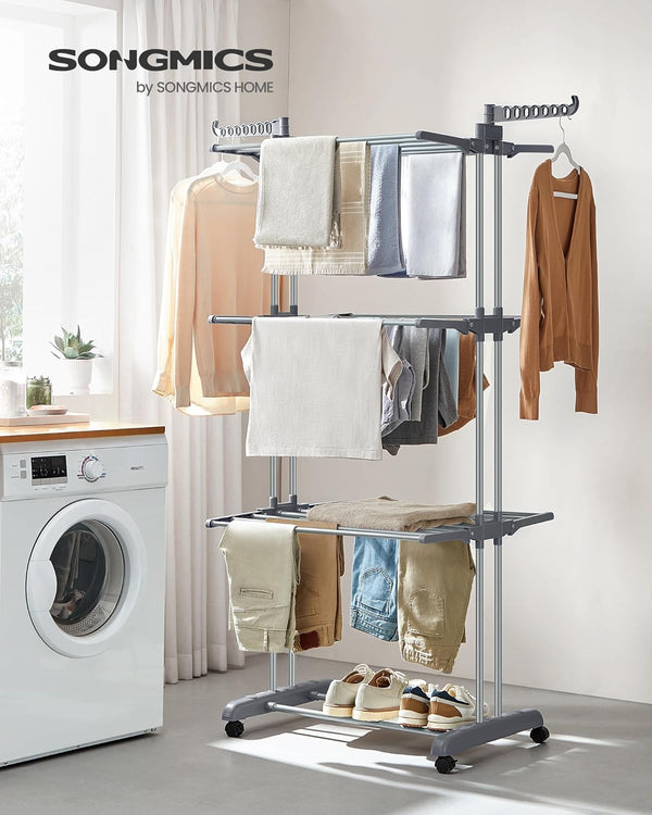 SONGMICS Uscator vertical pentru rufe, mobil si pliabil, cu doua umerase, 64x126x172 cm, sarcina 35kg