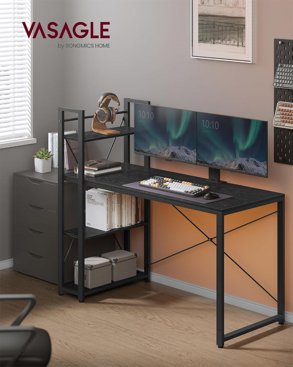 VASAGLE Birou cu raft lateral, montare stanga sau dreapta, industrial, 60x132x119 cm, negru
