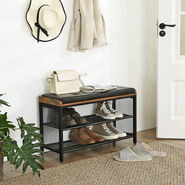 VASAGLE Banca pentru hol, cu raft suport de pantofi, sezut captusit imitatie piele, design industrial, 30x80x48cm, negru cu maro