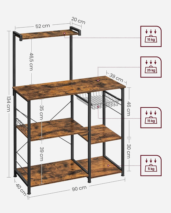 VASAGLE Raft de bucatarie, suport pentru cuptorul cu microunde, cos de sarma, 6 carlige S, 39x90x132cm, maro rustic