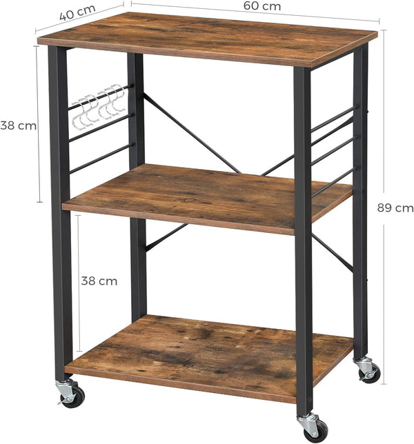 VASAGLE Raft de bucatarie pe roti, carucior de servire cu 3 rafturi, cadru metalic, 40x60x89cm design industrial, maro rustic