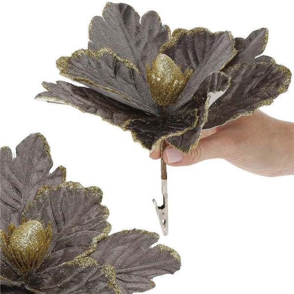 Set 5 ornamente pentru bradul de Craciun, stea Poinsettia, 23cm, gri auriu