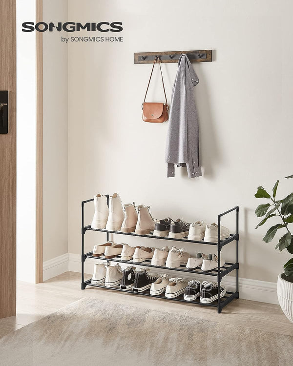 SONGMICS Suport pentru pantofi cu 3 nivele, structura metalica, pentru 12-15 perechi, 92x30x55cm, negru