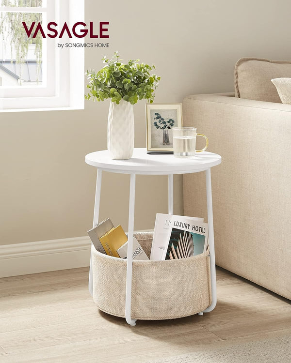 VASAGLE Masuta de cafea rotunda cu cos de stofa, stil modern, 45x50cm, alb cu bej