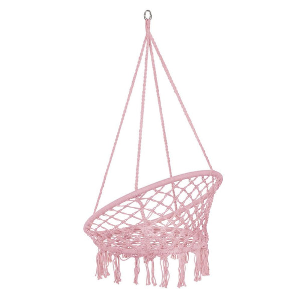 Scaun rotund tip leagan suspendat pentru casa sau gradina SPR42, cu franjuri, 150kg, roz