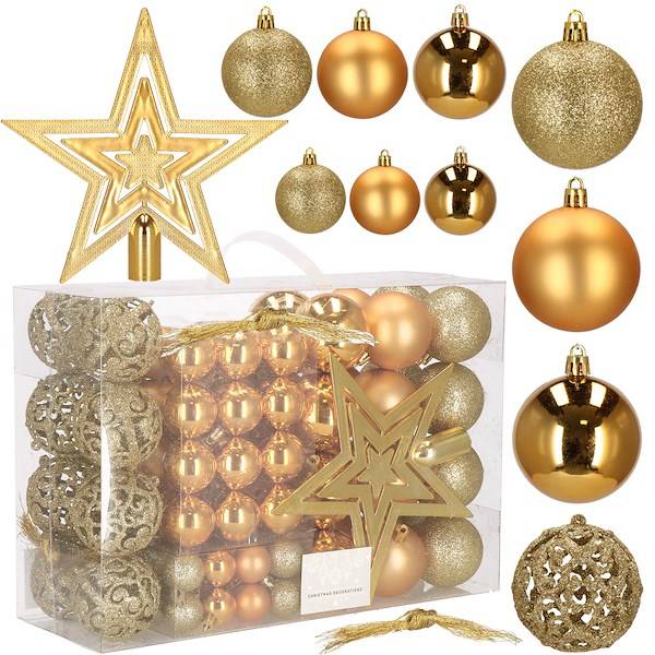 Set globuri si decoratiuni de Craciun, 100 piese, diverse dimensiuni cu stea, auriu