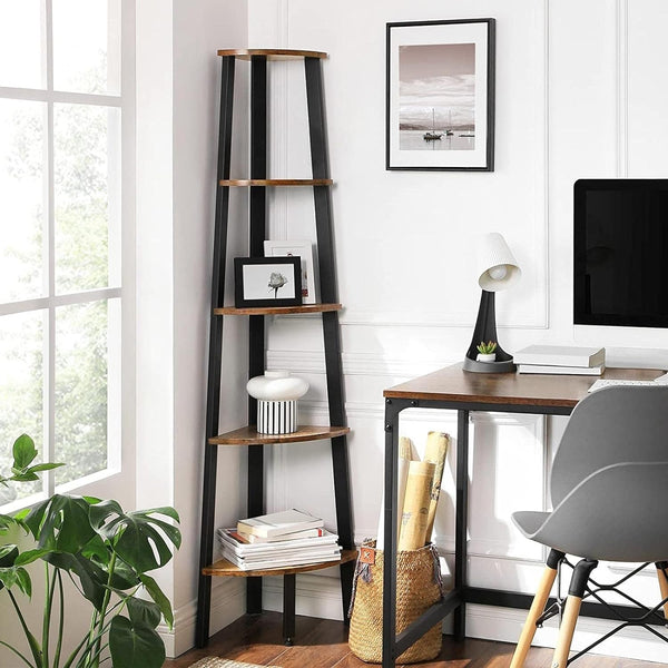 VASAGLE Raft de colt cu 5 etaje, tip biblioteca, cadru metal si polite lemn, 33x34x159cm, industrial, maro rustic si negru
