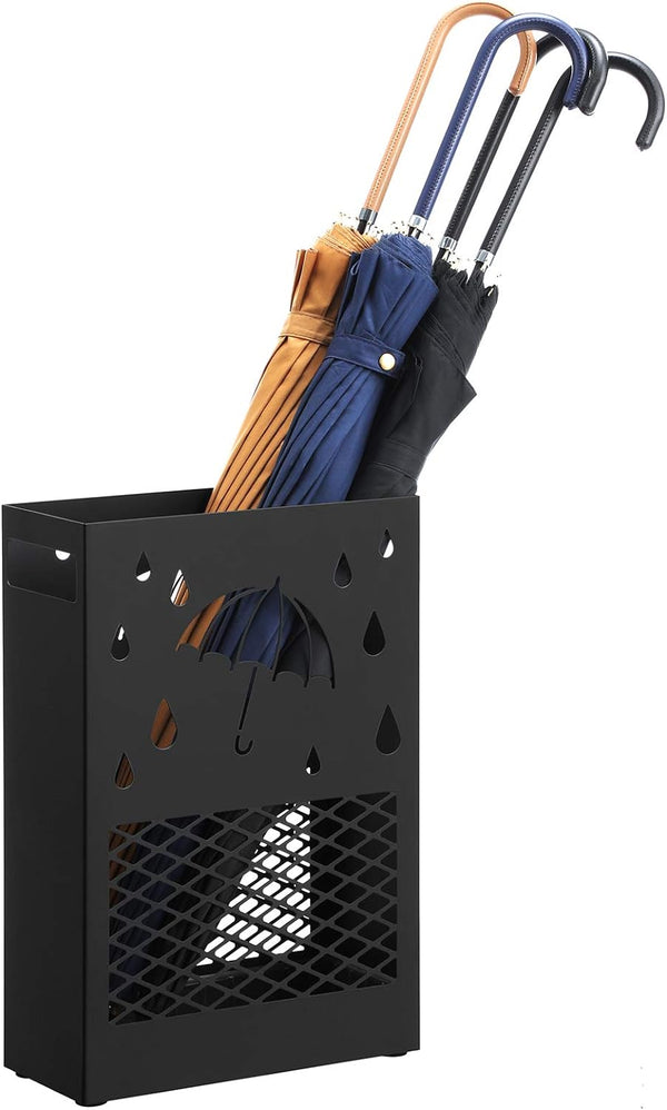 SONGMICS Suport metalic pentru umbrele, cu carlige si tava de picurare, 28x12x41cm, negru