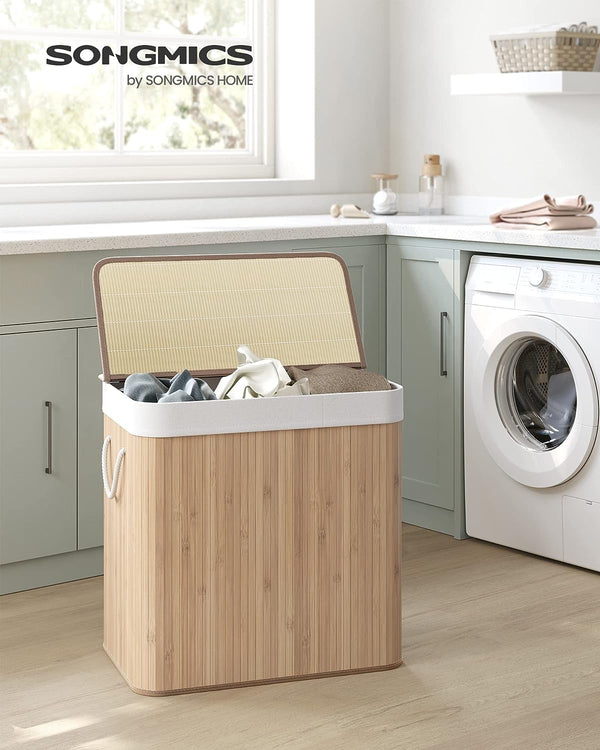 SONGMICS Cos de rufe din bambus, pliabil, cu captuseala detasabila lavabila, 3 compartimente, 150L, 60x40x60cm, natural