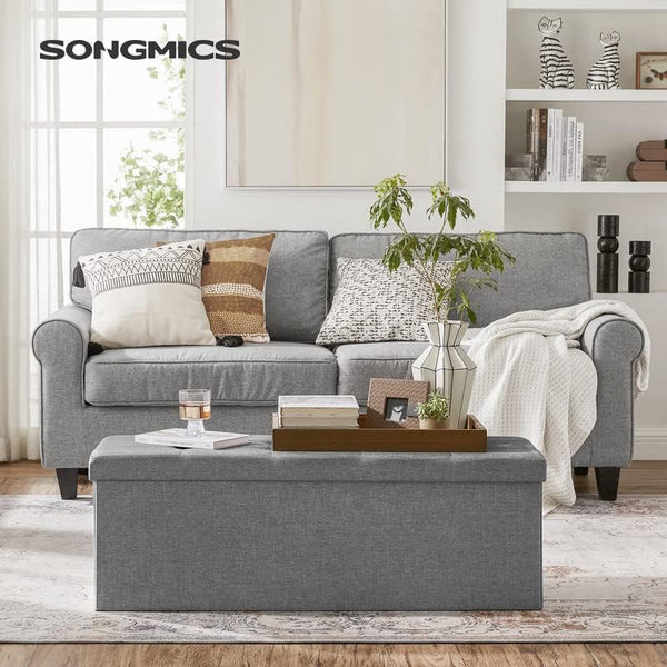SONGMICS Taburet pliabil cu sezut moale, spatiu de depozitare 131litri, maxim 300kg, 110x38x38cm, gri