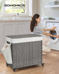 SONGMICS Cos de rufe tesut manual, cu captuseala detasabila lavabila, 3 compartimente, stil ratan, 140 litri, 66x33x60 cm, gri
