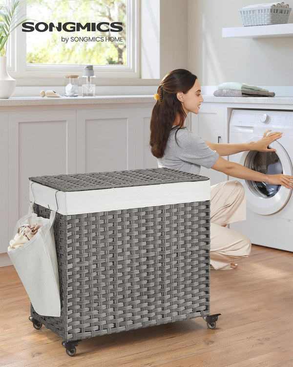 SONGMICS Cos de rufe tesut manual, cu captuseala detasabila lavabila, 3 compartimente, stil ratan, 140 litri, 66x33x60 cm, gri