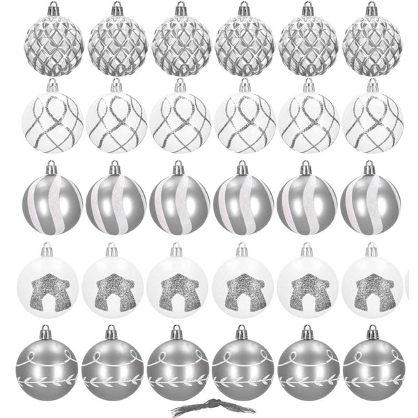 Set globuri de Craciun cu modele de sarbatori, 30 bucati, 6cm, argintiu