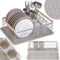 Uscator de vase cu suport tacamuri, din otel, cu tava de scurgere, manere lemn, 42x32x15cm, gri