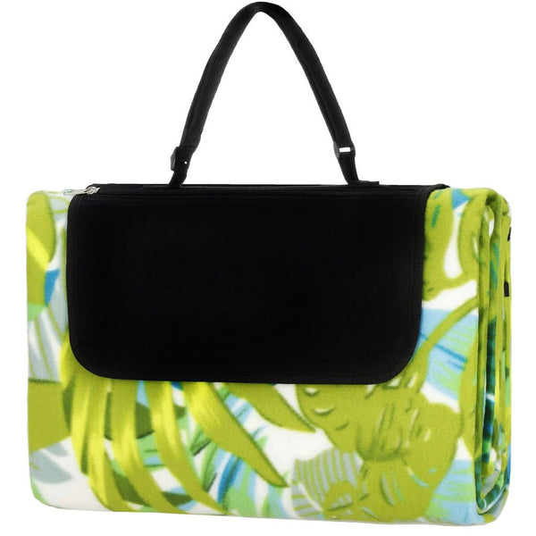 Patura pentru picnic sau plaja, cu folie izolatoare si maner, 150x200cm, model frunze, verde