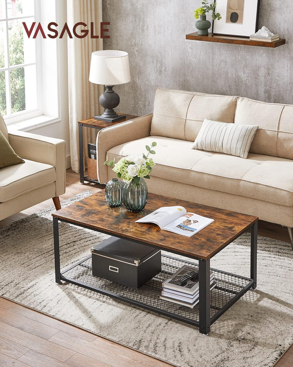 VASAGLE Masuta de cafea, cu cadru metalic, raft de depozitare, pentru living, 45x106x60cm, stil industrial, maro rustic