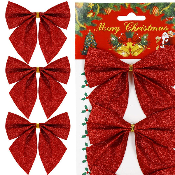 Set 3 ornamente pentru bradul de Craciun, fundita, 11cm, rosu