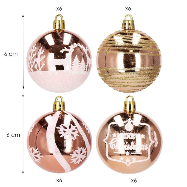 Set globuri de Craciun cu modele de sarbatori, 24 bucati, 6cm, rose