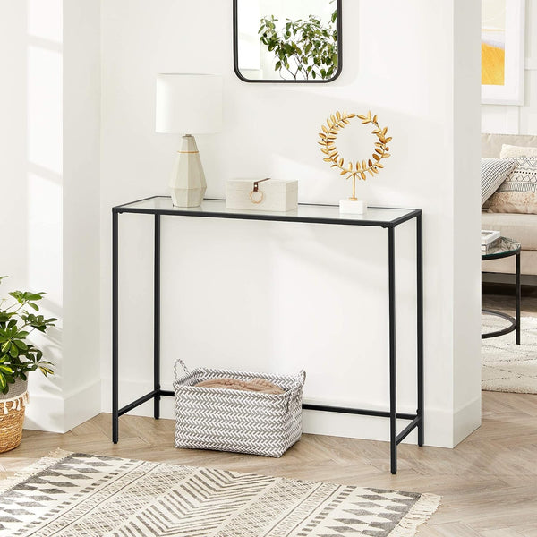 VASAGLE Masa de intrare, blat din sticla securizata, cadru din metal, pentru sufragerie, 100x35x80cm, negru