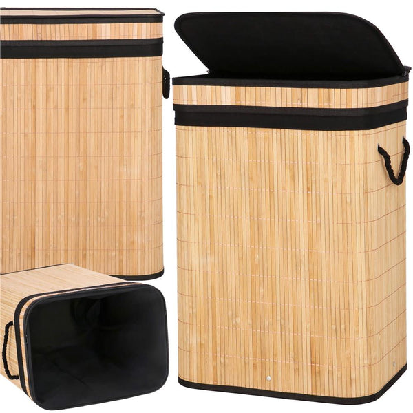 Cos de rufe din bambus cu capac, sac detasabil, volum 72L, 42x33x60cm, maro