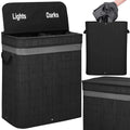 Cos de rufe din bambus cu capac, 2 compartimente, sac detasabil, volum 100L, 54x35x60cm, negru