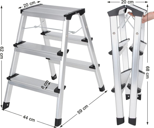 SONGMICS Scara dubla din aluminiu, multifunctionala, sarcina 150kg, cu 3 trepte, 59x44x62cm