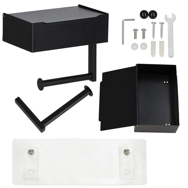 Suport hartie igienica din otel cu sertar depozitare, sistem montare inclus, 22cm, negru bej