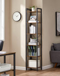 VASAGLE Raft cu 6 etaje, tip biblioteca, cadru metal si polite lemn, 30x40x187cm, industrial, maro rustic si negru