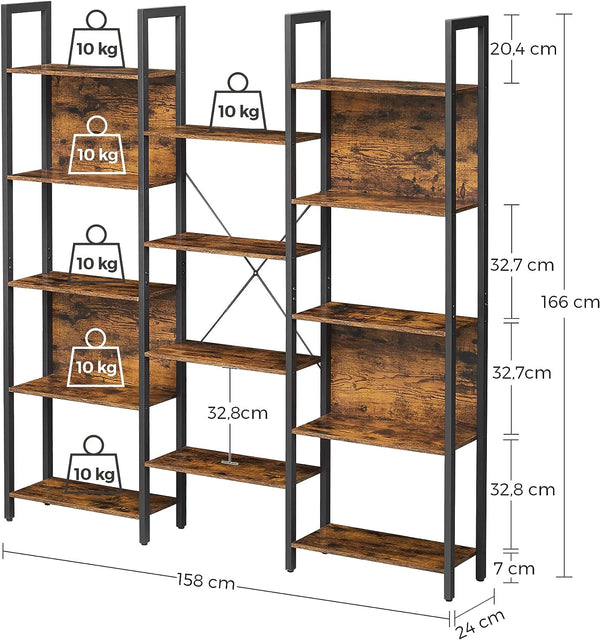 VASAGLE Biblioteca cu 14 rafturi din lemn, cadru metalic, 24x158x166cm, stil industrial, maro rustic si negru
