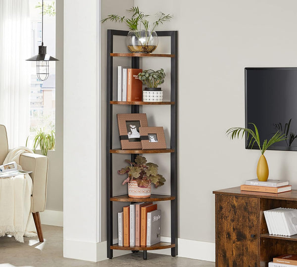 VASAGLE Biblioteca de colt cu 5 etaje, cadru metalic, 150x30x30cm, stil industrial maro rustic si negru