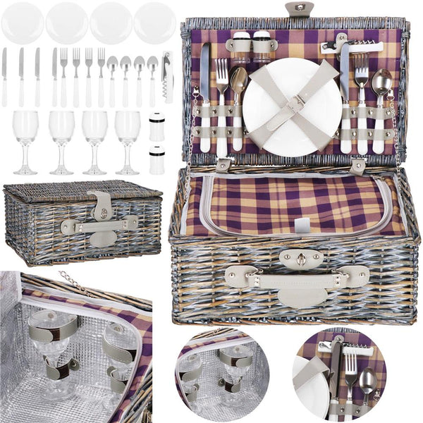 Cos de picnic echipat pentru 4 persoane Deluxe, din rachita, cu vesela si tacamuri, izolat termic, gri