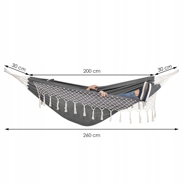 Hamac doua persoane cu franjuri si 2 perne, 200kg, 200×150 cm, gri inchis