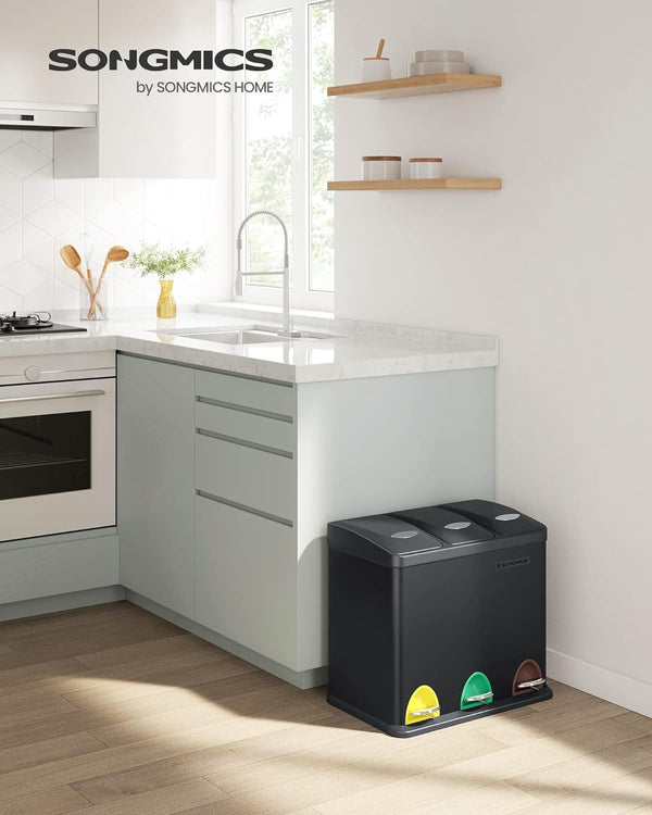 SONGMICS Cos de gunoi din otel cu 3 compartimente colectare selectiva, cu galeti interioare, 3x8litri, negru mat