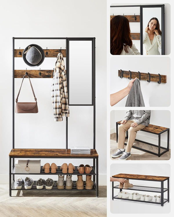 VASAGLE Cuier cu rafturi depozitare pantofi si ​​oglinda, industrial, 35x98x180 cm, maro rustic si negru