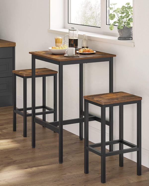 VASAGLE Set masa si scaune de bar, masa 60x60x90cm si 2 scaune 30x40x65cm, stil industrial, maro rustic