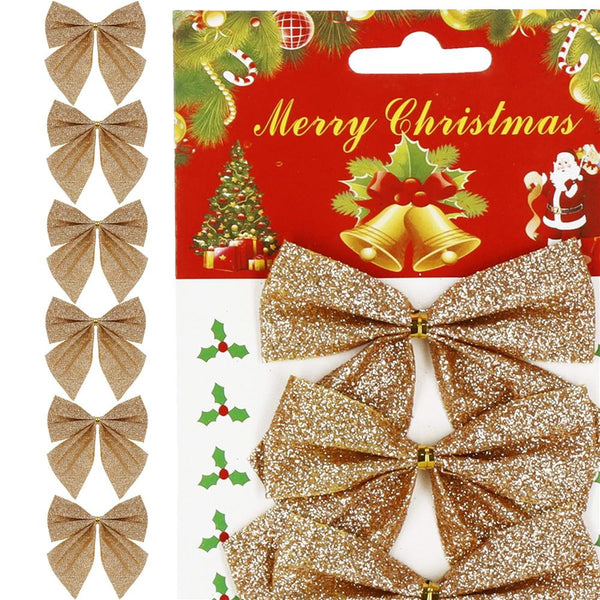 Set 6 ornamente pentru bradul de Craciun, fundita, 8cm, auriu