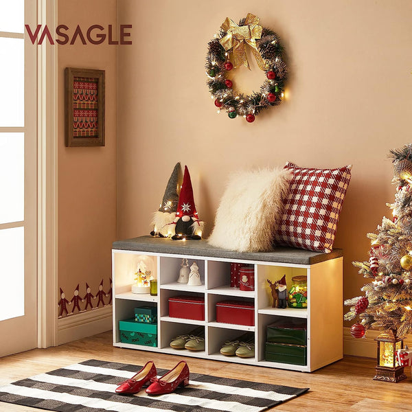 VASAGLE Banca pentru hol cu suport pentru pantofi, 10 compartimente, cu perna, 104x48x30cm, alb