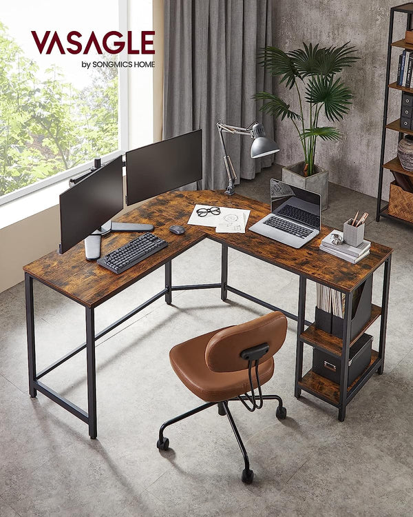 VASAGLE Birou de colt in forma de L, cu 2 rafturi de depozitare, 138x138x75cm, industrial, maro rustic si negru