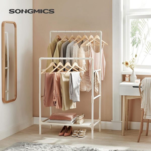 SONGMICS Raft de haine din metal, cu 2 bare de haine si 1 raft, maxim 70 kg, industrial, 45x83x157cm, alb