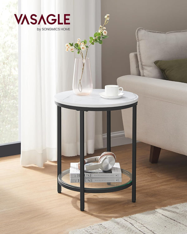 VASAGLE Masa rotunda, cu cadru de otel, noptiera, 45x55cm, negru cu blat alb aspect marmura