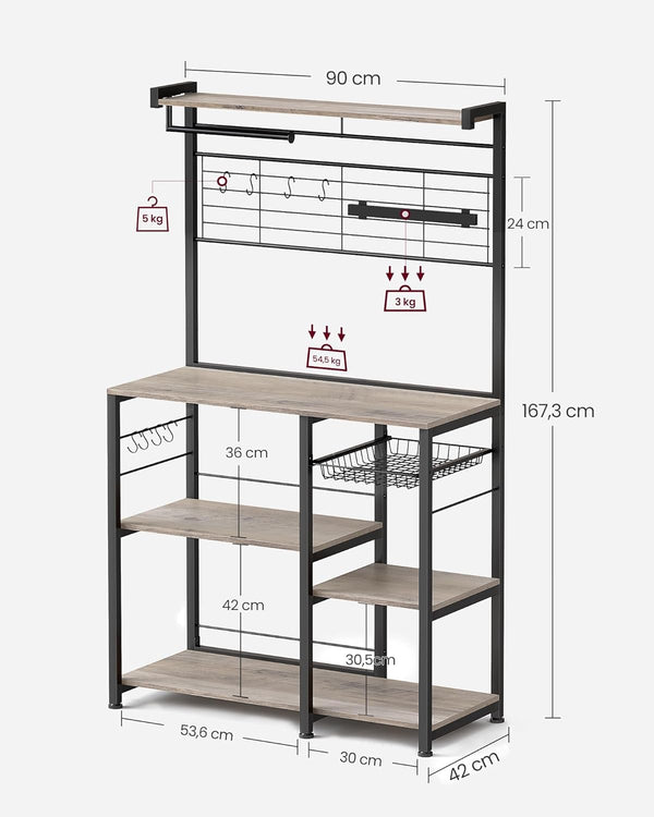 VASAGLE Raft de bucatarie cu spatiu pentru cuptorul cu microunde, banda magnetica cutite, suport role de bucatarie, 42x90x167cm, gri