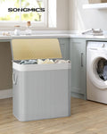 SONGMICS Cos de rufe din bambus, pliabil, cu captuseala detasabila lavabila, 3 compartimente, 150L, 60x40x62cm, gri