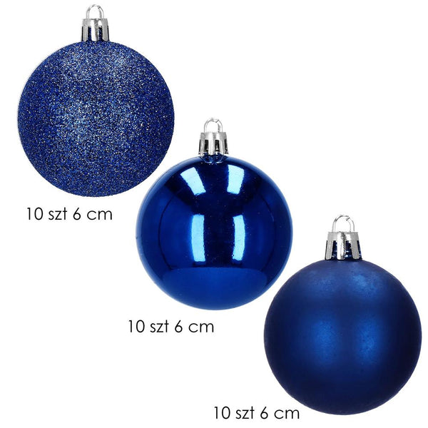 Set globuri de Craciun, 30 bucati, 3 modele, 6cm, albastru