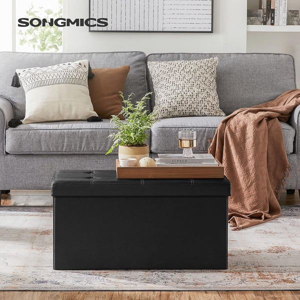 SONGMICS Taburet pliabil cu sezut moale, spatiu de depozitare 80litri, maxim 300kg, 76x38x38cm, negru
