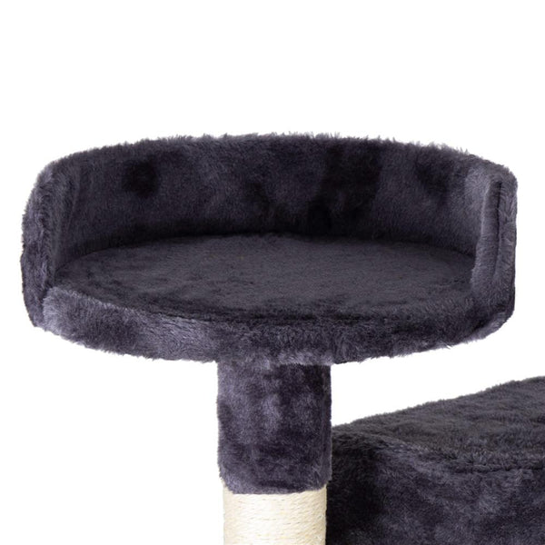 Ansamblu de joaca pentru pisici, cu loc pentru zgariat, ascuns, culcus, minge, sfoara, 203cm, gri inchis